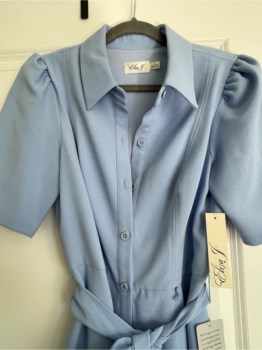 Eliza J Light Blue Button-Front Tie-Waist Shirt Dress - Picture 5 of 6